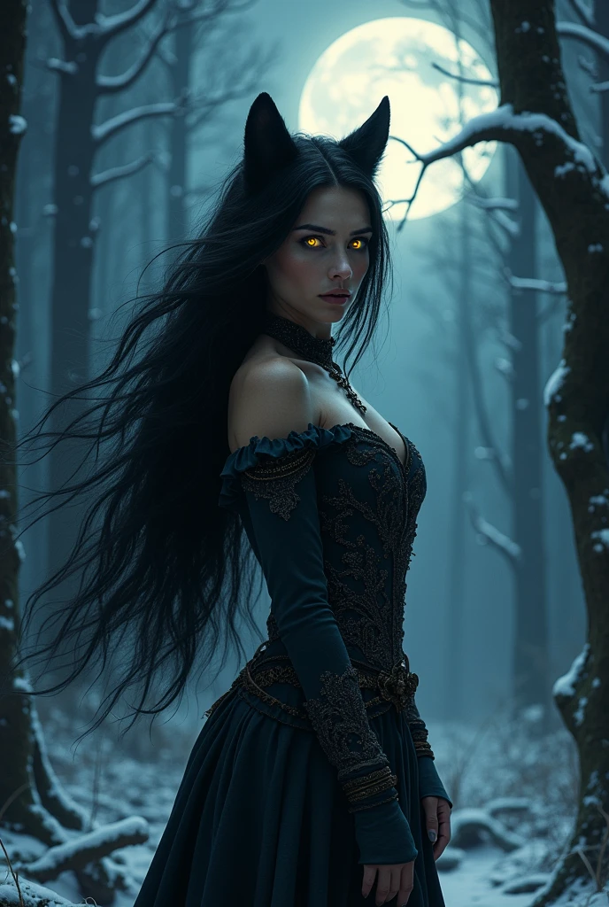 Half wolf woman, wearing medieval clothing, eyes with bright yellow iris, black hairr, full moon night, forst, best qualityer.