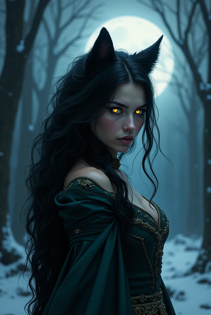 Half wolf woman, wearing medieval clothing, eyes with bright yellow iris, black hairr, full moon night, forst, best qualityer.