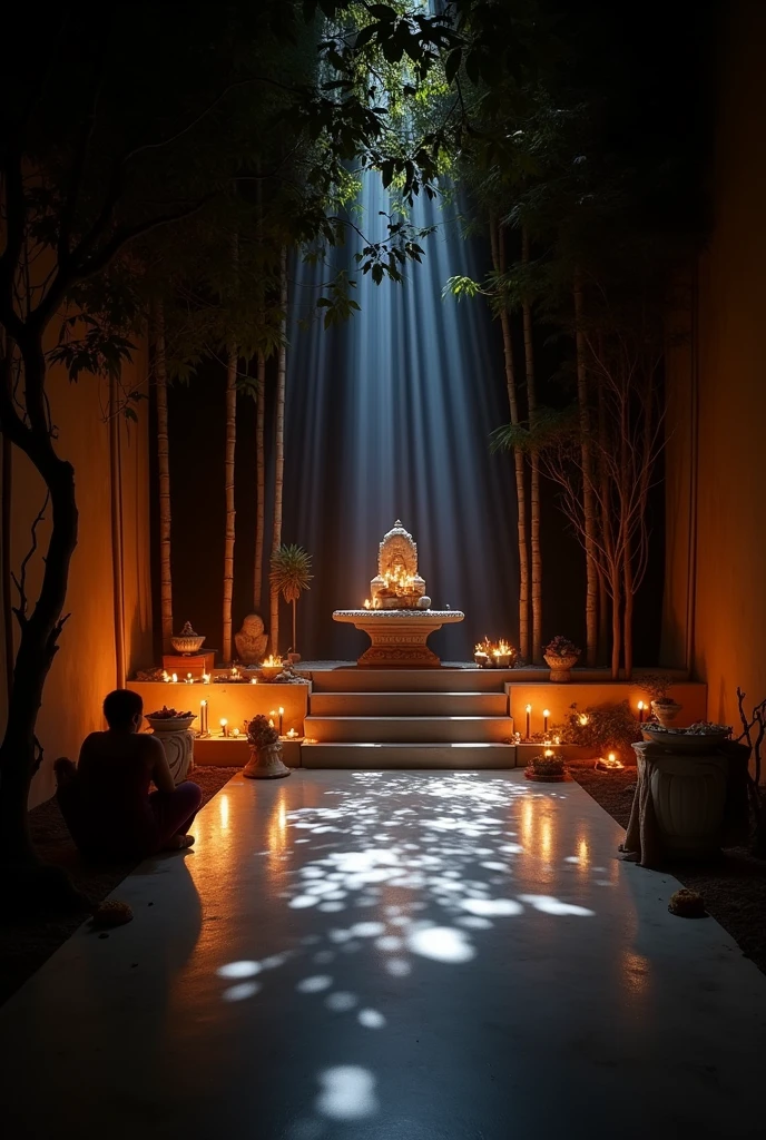 To implement the "magical light and shadow play" theme you can follow the following steps 1. Mandapam Environment:
- Use a black curtain or cloth behind the stage: This will p create shadows.
- Lighting should be managed properly: Lights should be placed in such a way that the shadow of the light falls on different parts of the mandap. You can use circular or triangular lighting, which will create shadow play 2. Light Type:
- Candles and Lamps: Use lots of candles and earthen lamps around the main mandap. This light will naturally produce soft and sweet shadows.
- Small LED lights: Place some small LED lights inside the mandap and around the idol. The light on these will be a little weak but will bring out the shadow play.
- Laser Light: You can create light shadows on different parts of the statue using laser light or spotlight. Special effects can be created with the play of light on the statue's face or hands in particular.
3. Creating Shadows:
- Cut Foam or Cardboard: You can use cut foam or cardboard to create the shape of the shadow. For example, the play of shadows can be enhanced by creating small symbols of gods and goddesses, leaves, or tree shapes.
- Using Light Projector: If possible, you can create special shadow effects with Light Projector. It can cast shadows on the wall or different parts of the mandap by projecting light.
5. Decoration of entrance and mandap:
- Entrance soft lighting: Place soft lighting in the entrance, which will bring visitors into the magical atmosphere.
- Create long shadows: Place long objects (such as bamboo or tree branches) around the pavilion, which will deepen the shadow effect.
This theme will help to create magical atmosphere in thooja mandap, which will awaken spiritual feelings in the devotees.