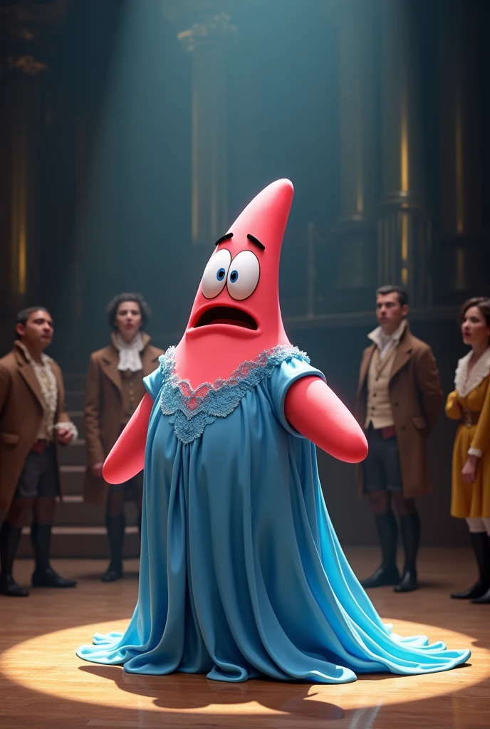 Patrick star singing Helples from the Hamilton musical dressed as Eliza Scharlet in blue on the stage of the musical Hamilton in Love 