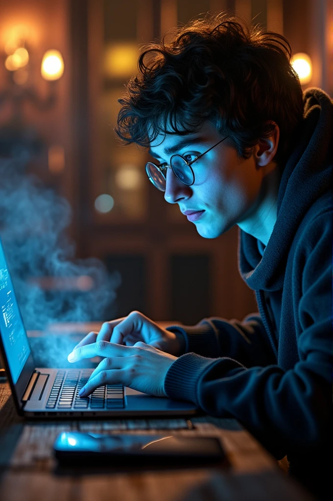 ((best quality)), ((masterpiece)), (detailed), perfect face
A photo of harry potter working in laptop in background Hogwarts world magics and colourful with technology