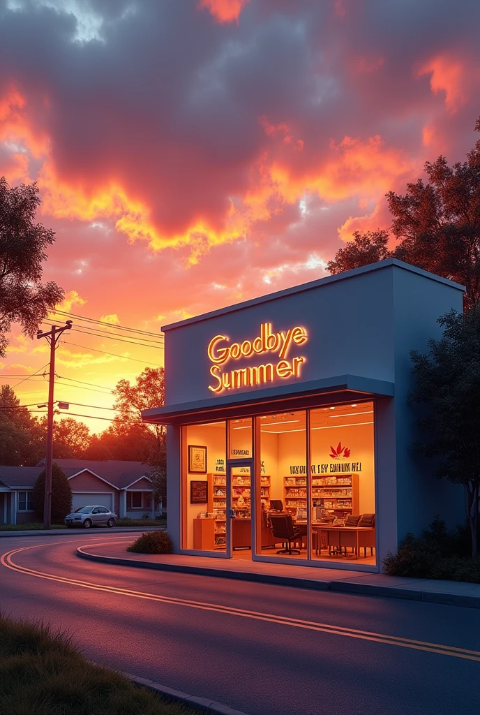 Cannabis store against the sunset with large inscription on the glass Goodbye Summer