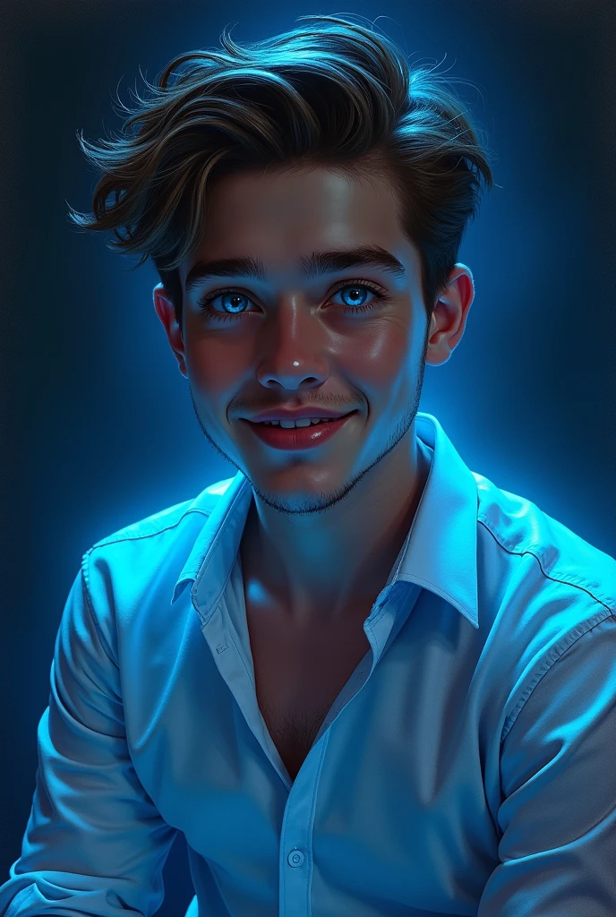 Realistic drawing of an extremely handsome 1 boy, fit, of Brown hair, very blue eyes, dressed in a black dress shirt, smiling, night phosphorescent black light
