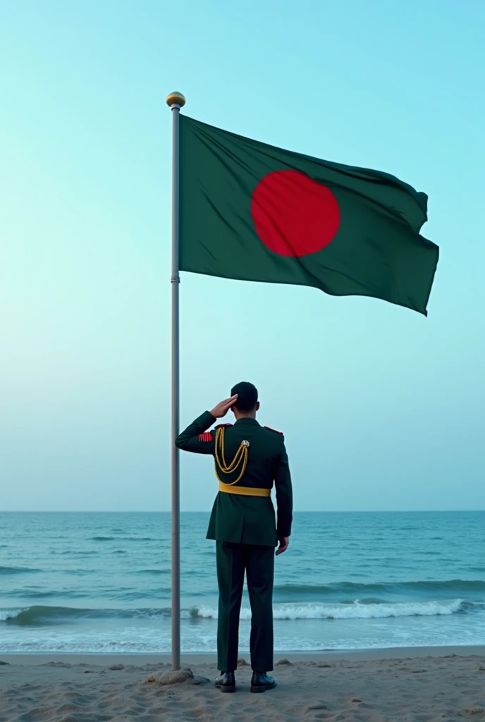 A person salute Bangladeshi flag. The Background is ocean.