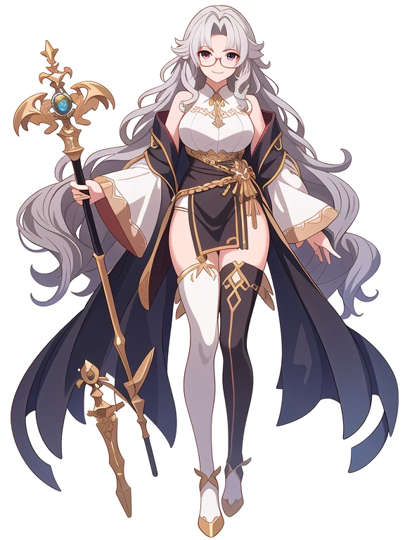 (((Best Quality))) , ((full body)), loin cloth, female, reference sheet, solo, (white background), thigh high, very long hair, fantasy outfit, holding staff, tareme, wavy hair, smile, glasses,