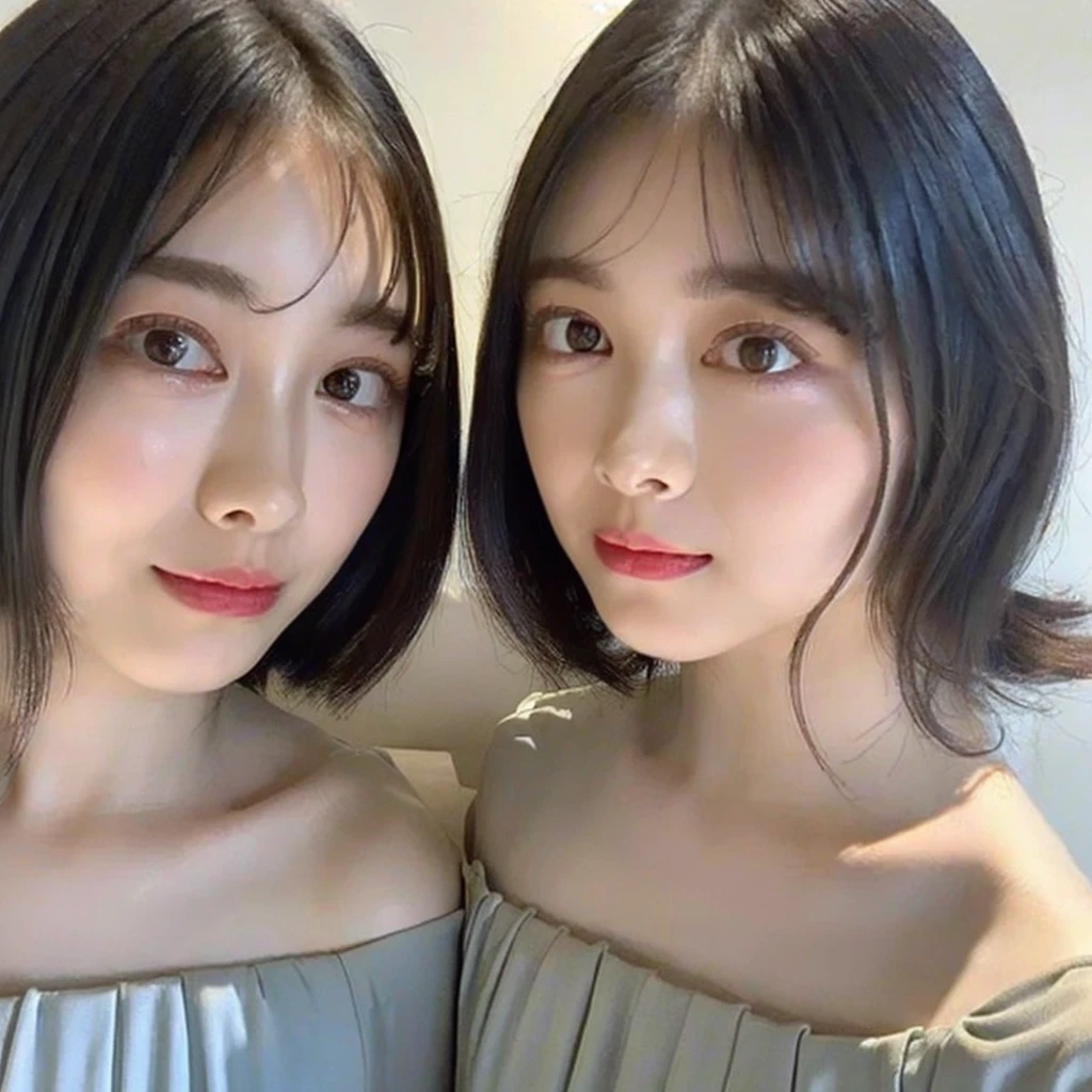 ((Highest quality, 8K, masterpiece:1.3)), concentrated:1.2, Beautiful woman with perfect figure:1.4, Stick your butt out:1.2, ((Cut your hair in layers:1.2)), (Medium sized breasts),(Bandeau dress:1.5), Highly detailed face and skin texture, Detailed eyes, double eyelid,Whitening the skin,Long white hair,(Keep your mouth shut:1.3),smile, portrait photos,
(((cloned face)))
(((similar identical twins)))
All the girls have the exact same face, The two have the same face and figure, as if they were mirror images