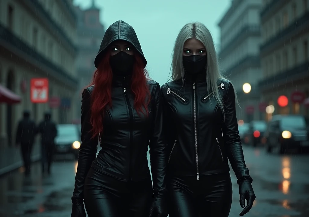A red-haired woman and a white-haired womanA night city, gloomy and rainy. The streets are empty, except for fleeting shadows and reflections in puddles, The camera slowly zooms in on two masked figures wearing black leather outfits., walking side by side under a sky covered with dark clouds. The camera focuses on their faces, only revealing the bright eyes beneath the robbery masks