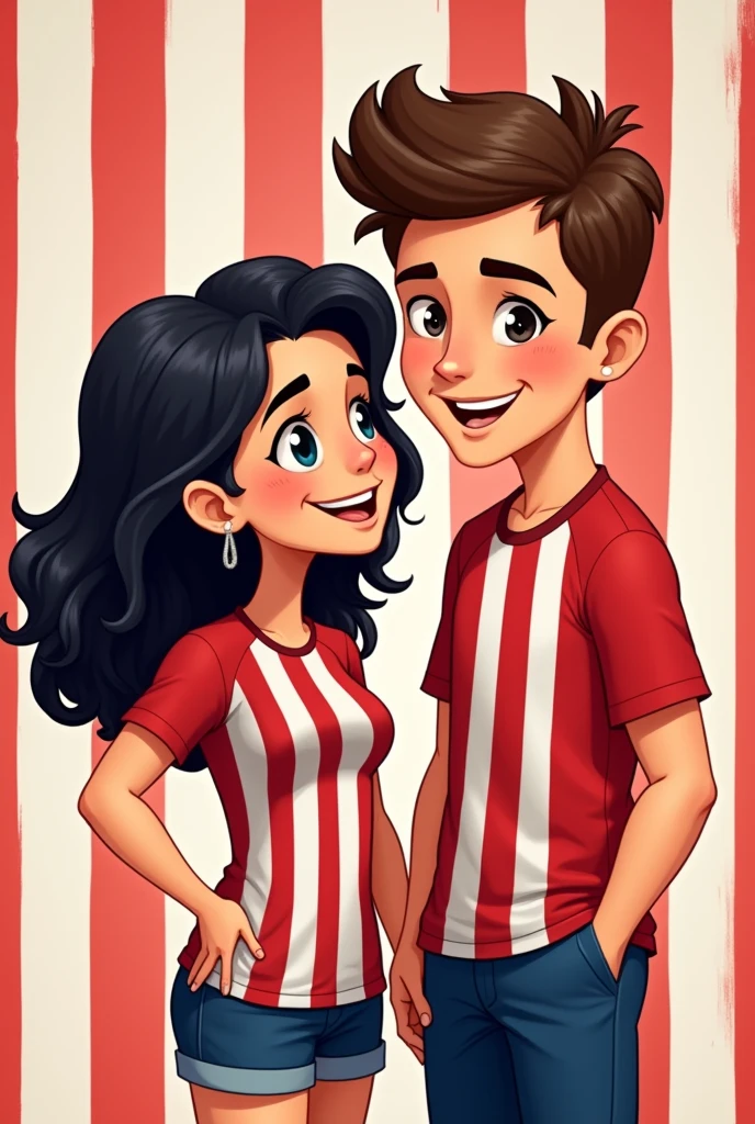 Hi, make it like a 2D cartoon., the following image: draw me my boyfriend, He is white with brown hair, I am brunette (black) with black and wavy hair, If you can make them with a flag of the Atlético de Madrid team. 