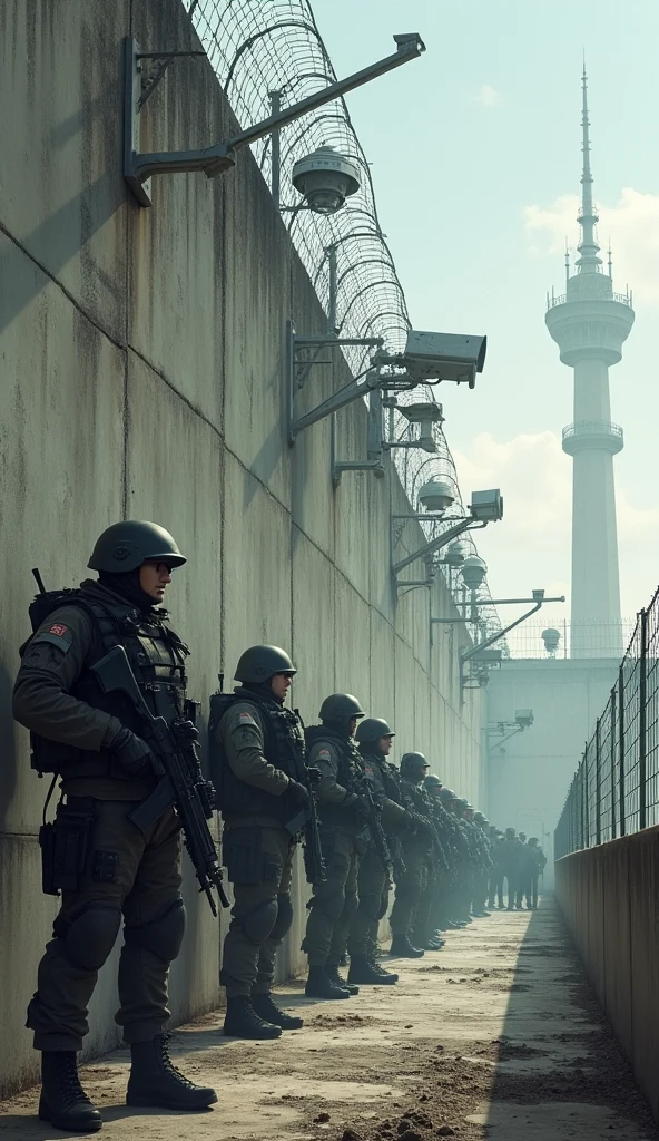 Make a picture of a wall, with surveillance pens and armed soldiers