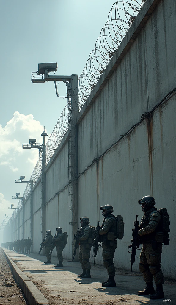 Make a picture of a wall, with surveillance pens and armed soldiers