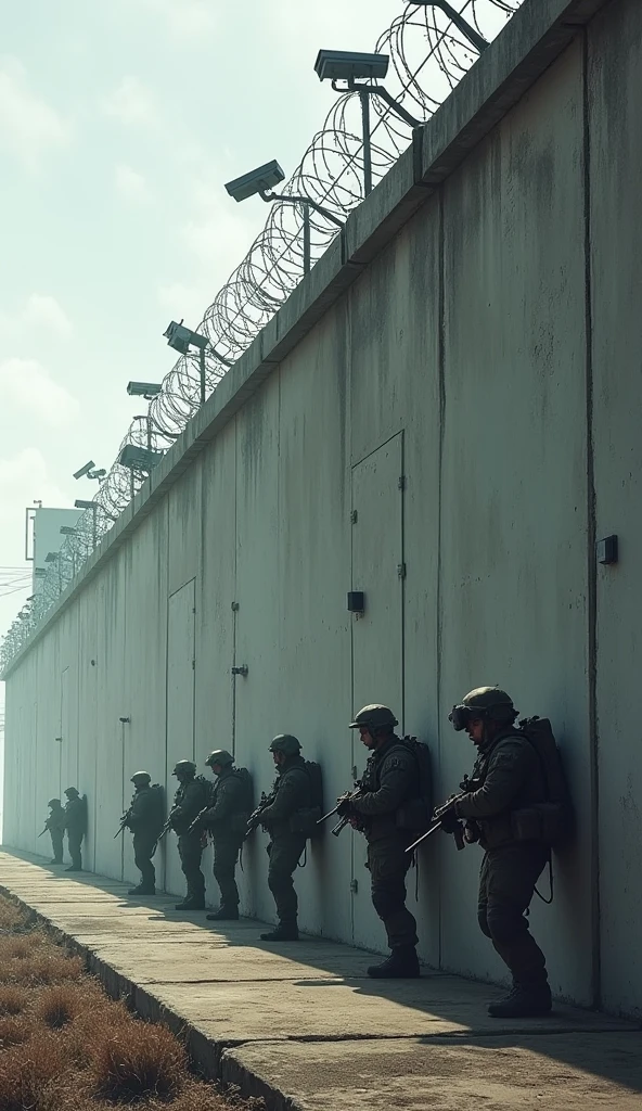 Make a picture of a wall, with surveillance pens and armed soldiers 