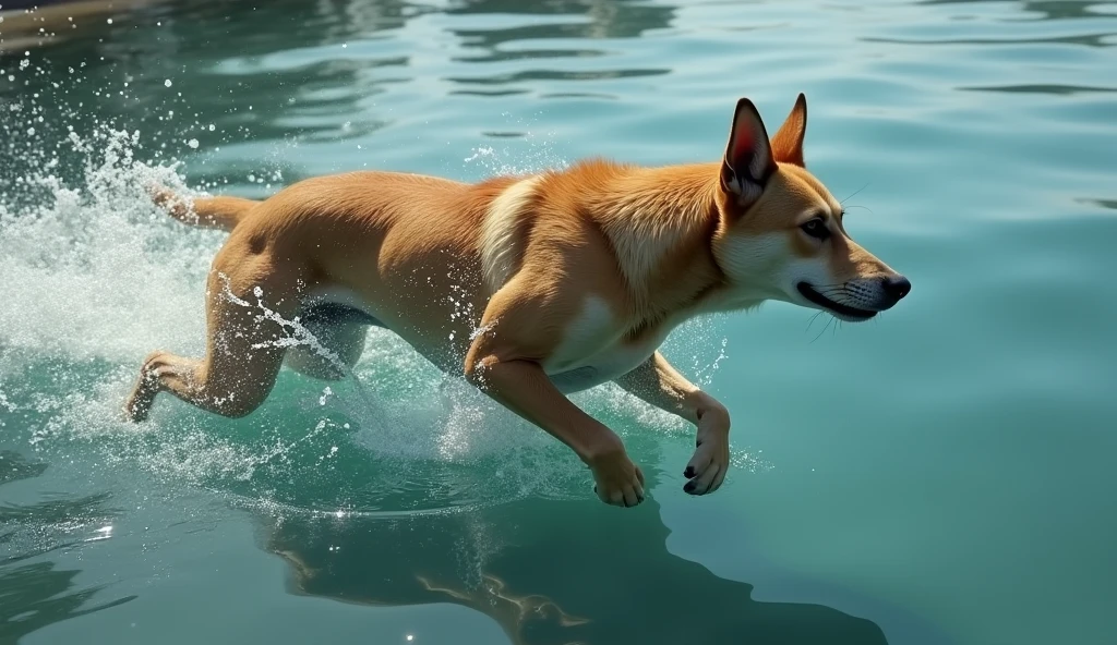 prompt: a dog swims like a human human body its head is that of a dog walking realistic 4k skin texture ultra realism