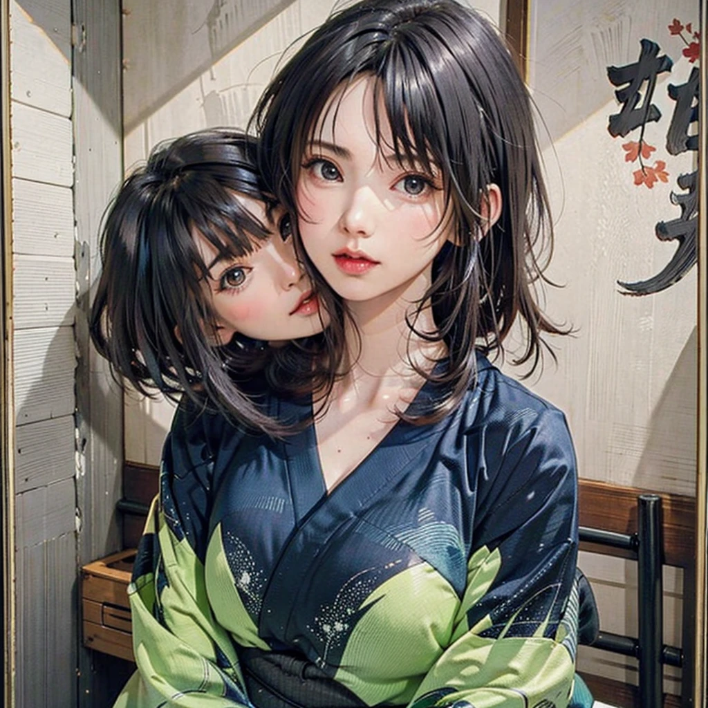 (highest quality、8k、32k、masterpiece)、(masterpiece, up to date,Exceptional:1.2), Anime, One girl,Front hair,black_hair, Beautiful 8k eyes,Looking_in_Audience,One person in,Are standing,((Very beautiful woman, Fuller lips, Japanese pintern kimono))、((Colorful Japanese kimono)))、(((Medium Shot)))、Blunt bung、(High resolution)、Very beautiful face and eyes、1 girl 、Round and small face、Narrow waist、delicine body、(highest quality high detail Rich skin details)、(highest quality、8k、Oil paints:1.2)、Very detailed、(Realistic、Realistic:1.37)、Bright colors、(((blackhair)))、(((longhair)))、(((cowboy pictures)))、((( Inside an old Japanese house)))、(masterpiece, highest quality, highest quality, Official Art, beautifully、aesthetic:1.2), (One girl), Very detailedな,(Fractal Art:1.3),colorful,Most detailed,Sengoku period(High resolution)、Very beautiful face and eyes、1 girl 、Round and small face、Tight waist、Delicine body、(highest quality high detail Rich skin details)、(highest quality、8k、Oil paints:1.2)、(Realistic、Realistic:1.37)、Greg Rutkowski Written by Alphonse Mucha Ropp, sun lips