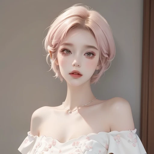 Pink and White Off-Shoulder Short Hair，Scallop White Floral Dress，A dignified and excellent teacher, beautiful girl