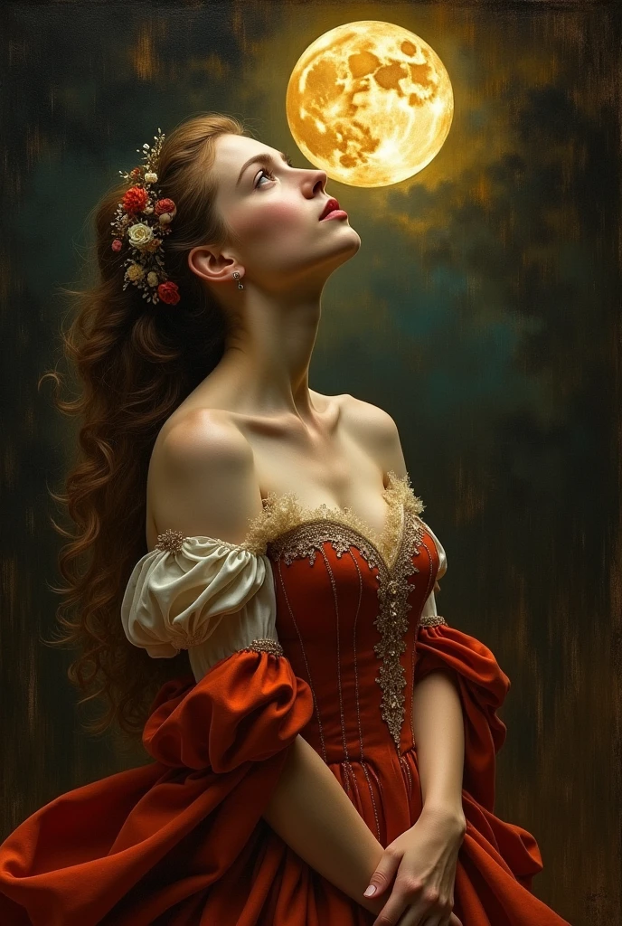 a woman in flowing dress, looking up at the moon, leonardo da vinci style, oil painting, dramatic lighting, romantic, beautiful detailed eyes, beautiful detailed lips, extremely detailed face, intricate details, chiaroscuro, warm color tones, Renaissance, masterpiece, (best quality,4k,8k,highres,masterpiece:1.2),ultra-detailed,(realistic,photorealistic,photo-realistic:1.37)