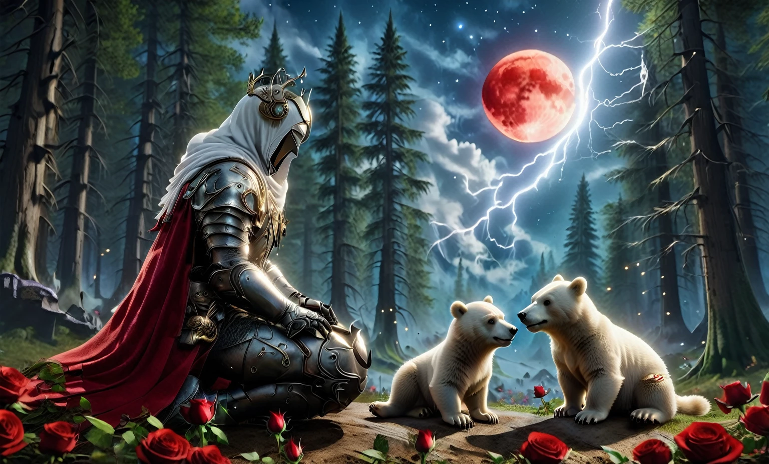 Male knight with a white hood with polar bear ears and a sword behind his back sits cross-legged on the ground towards a baby polar bear and a baby brown bear in a forest while the moon shines, many Roses cover the ground and lightning falls from the sky. The baby polar bear plays with the baby brown bear while the knight enjoys watching them. Only the man wears a red blindfold. In the background of the picture is the blood moon and a tree has fallen down in the path. The forest is full of trees with leaves. The armor of the man is black and red roses decorate it. The sky is full of stars. The knight is thoughtfully touching his face.