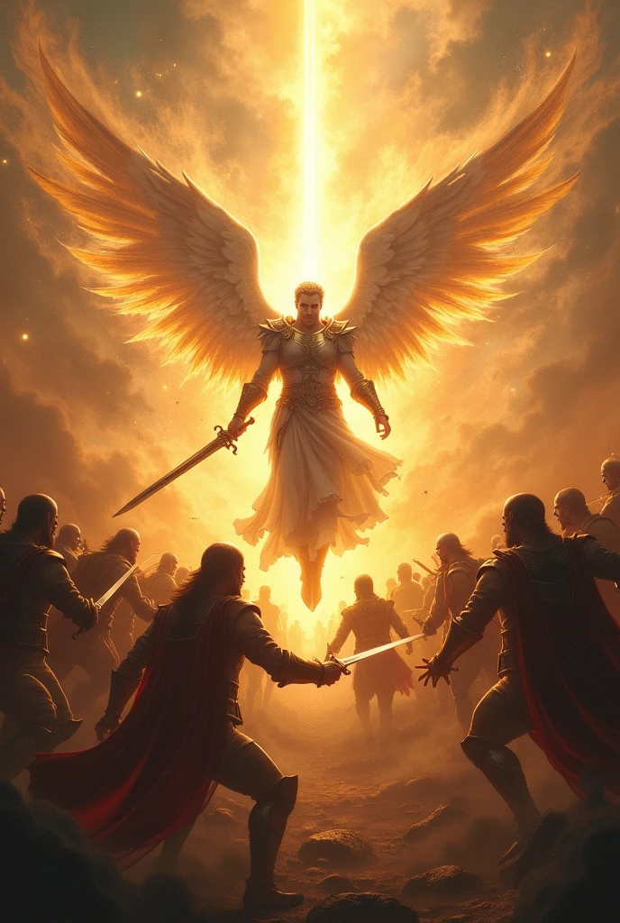 "On a heavenly battlefield, the archangels, liderados por miguel, They confront the dictator's generals, each surrounded by a dark aura of corruption and evil. miguel, with his shining sword and powerful wings, Leads the attack with unrelenting strength and determination. at your side, Other archangels shine with divine light as they launch themselves towards the generals, who try to defend themselves in vain. Cada golpe de las espadas de the archangels emite una luz cegadora que disipa las sombras que envuelven a los generales, freeing their hearts from darkness. The scene shows an epic struggle between light and darkness., con the archangels triunfando sobre la corrupción."