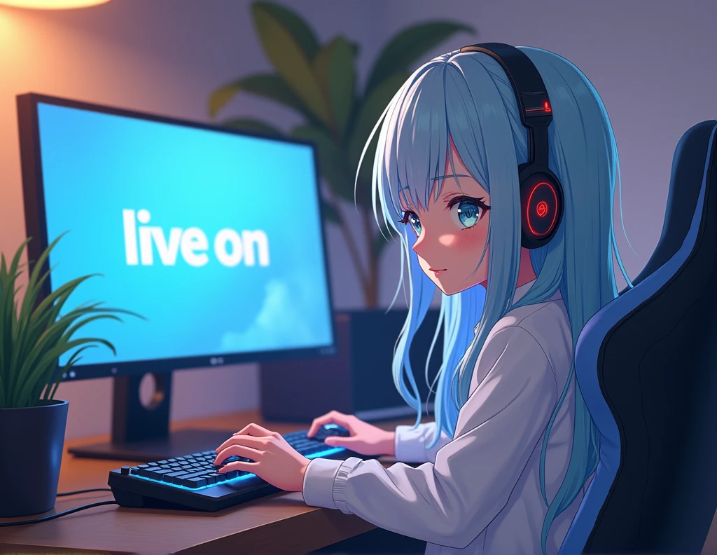 ANIME CHARACTER RIMURU YOUNG WITH LONG LIGHT BLUE HAIR PLAYING ON A GAMER PC WITH THE NAME LIVE ON HIGHLIGHTED