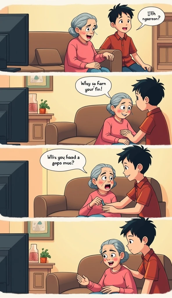 
Panel 1:
 
- Setting: Grandma is sitting on the couch, looking confused at the smart TV.
- Grandma: (To herself) "Where's the channel guide?  I just want to watch something..."
 
Panel 2:
 
- Setting:  Her grandson, Jin, walks in, holding his phone.
- Jin: (Smiling) "Hey Grandma, whatcha doing?"
- Grandma: "I can't find the channels on this new TV.  Where's the guide?"
 
Panel 3:
 
- Setting: Jin is looking at the TV, then at his phone.
- Jin: "Grandma, this isn't a regular TV. It's a smart TV. You have to use the remote to find apps like YouTube."
- Grandma: "Apps?  What are apps? I just want to watch the news like I used to."
 
Panel 4:
 
- Setting: Jin is showing Grandma how to navigate the smart TV menu.
- Jin: "See, you just press this button, then scroll down to YouTube. There's a lot of channels, vlogs and news here!"
 
Panel 5:
 
- Setting: Grandma is watching a funny cat video on YouTube, laughing.
- Grandma: "Well, this is different!  But I guess it's kind of fun.  Maybe this new TV isn't so bad after all."
 
Panel 6:
 
- Setting: Jin is smiling, watching Grandma.
- Jin: "I told you, Grandma.  You just gotta embrace the new technology!"