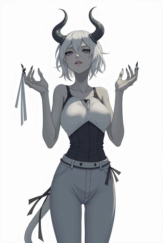 character, humanoid, female, horns all over the body, gray skin, ribbon on one of his shoulders, peaks in their hands, cotton pants with a ribbon at the waist, armor on your torso, Skinny body, anime, White background