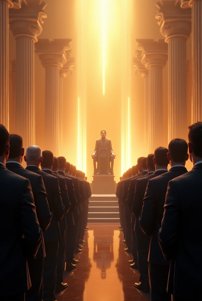 Men in suits singing in a choir before the throne of God 