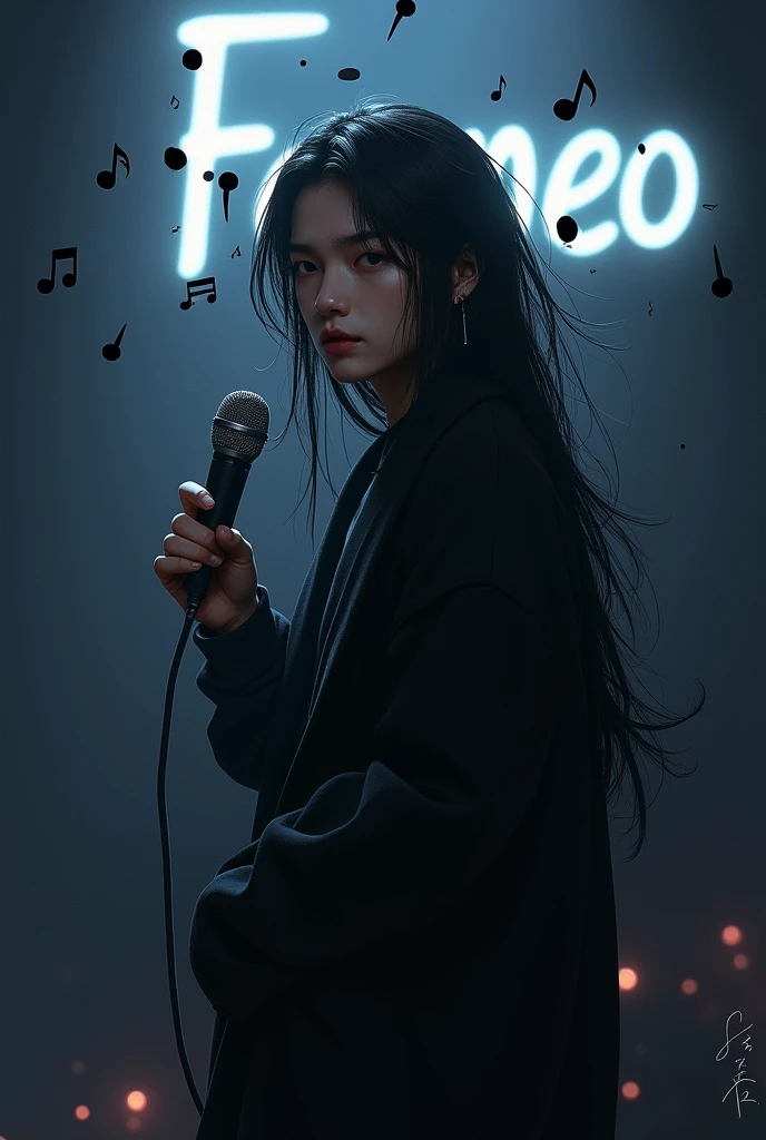 Asian boy man who looks like DPR ian and who has long hair and in the background is written the word facneo and who is in a dark place and who has black musical notes around him and who also carries a microphone