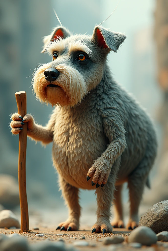 Hairy shrimp with cylinder, schnauzer and a walking stick
