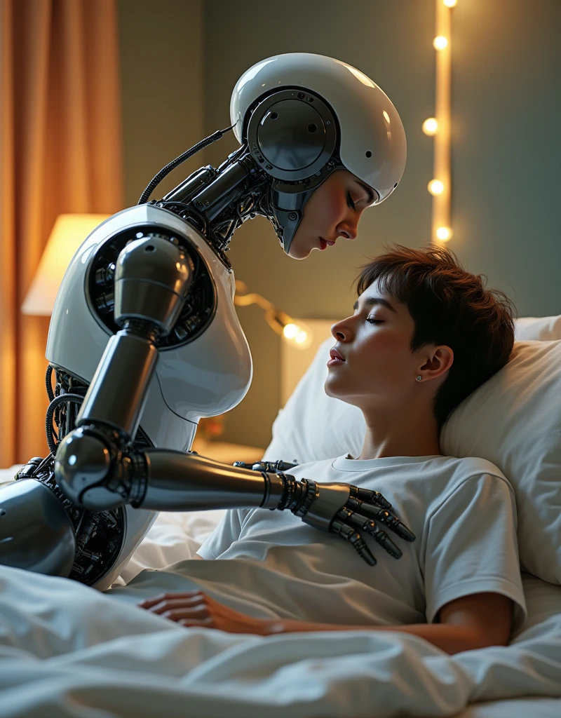 female robot nurse, big breasts, robot body, robot hands, wearing glove, taking care of teenage boy on the bedroom and kissing 