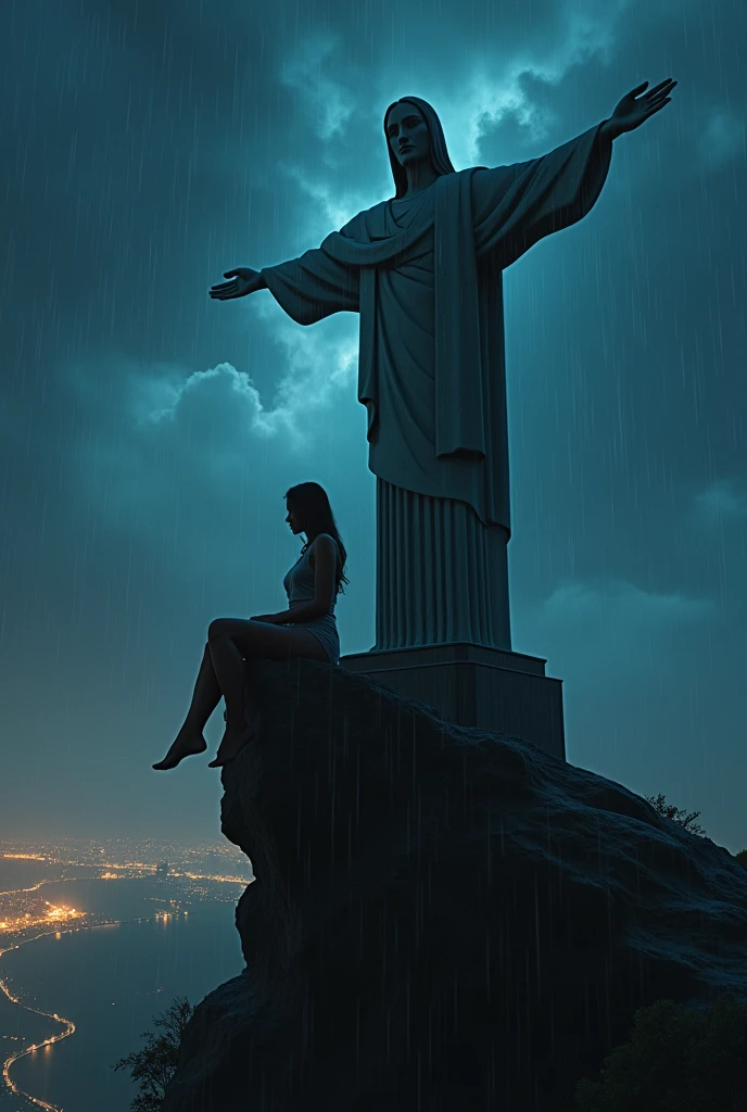 create an ultra realistic image of a woman sitting on top of Christ the Redeemer and raining with the starry sky