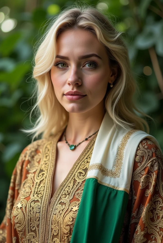 Close up, woman, plump, blonde, wearing, black Algerian caftan, decorated with gold threads, with scarf colored in the colors of the Algerian flag, half of the scarf is white and green, detailed, exquisite detail, masterpiece, green natural background,