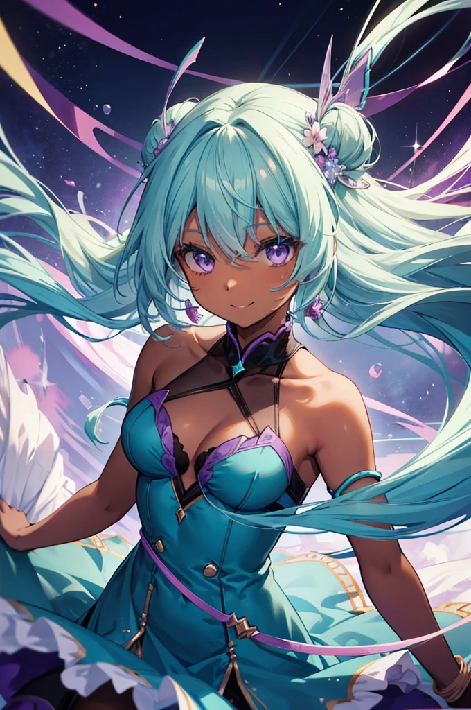 anime adult woman, turquoise long swirl hair, dark tan skin, blue dance dress, excited with a smile, purple eyes