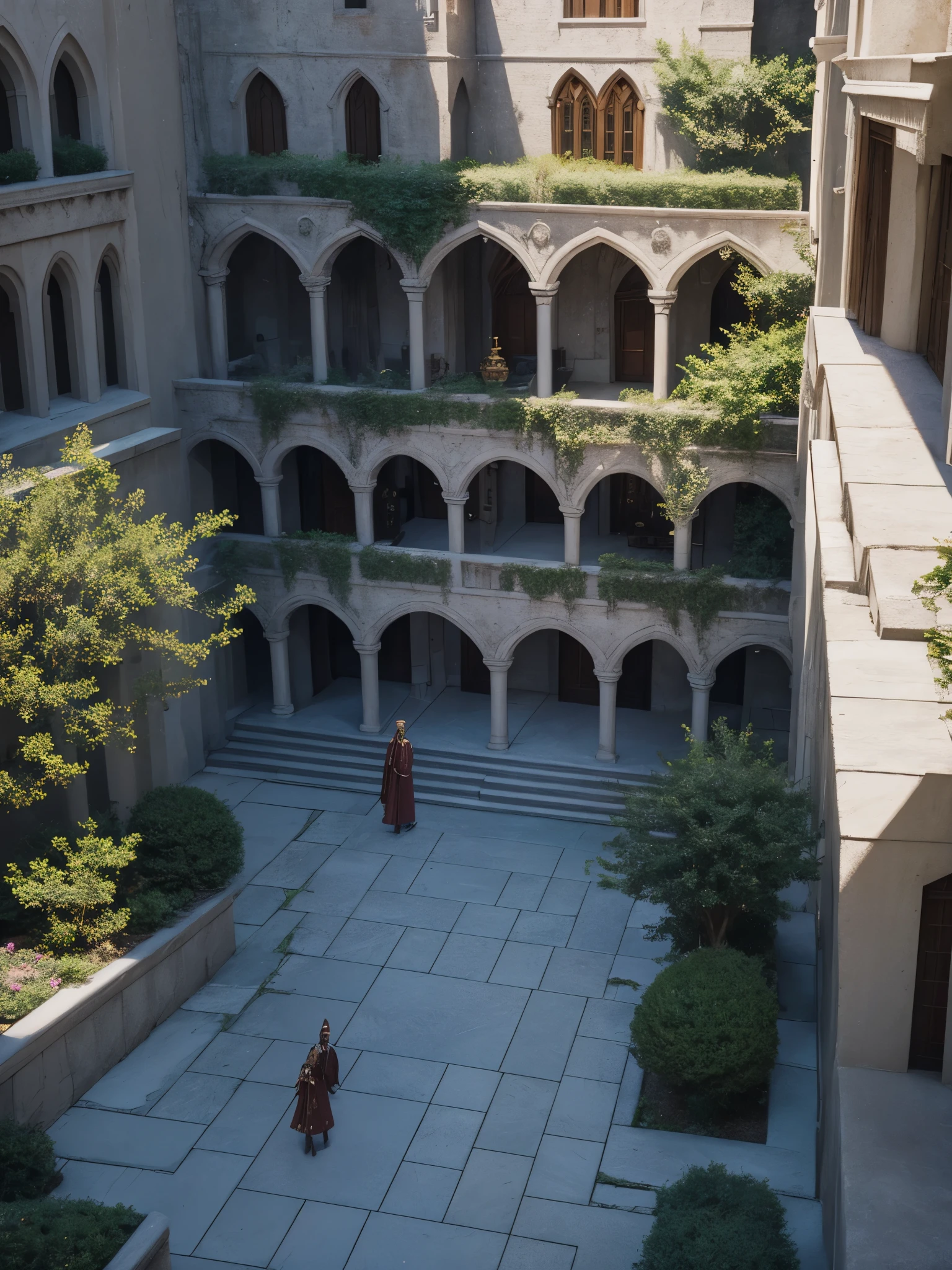 (masterpiece, best quality), best resolution, wizard academy courtyard, view from balcony