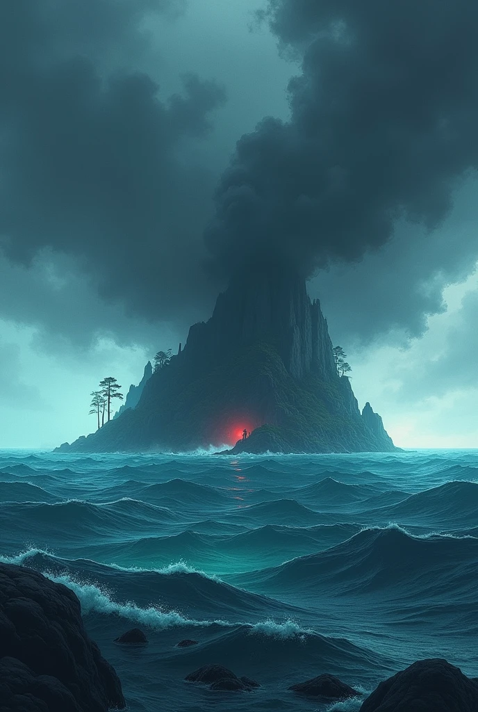 A gigantic sea with crystal clear waters and small waves. Far away from this sea, there is a small dark island full of darkness, Terror, strong storms over the island, I want the image to express suspense, drama e Terror, comic book style.