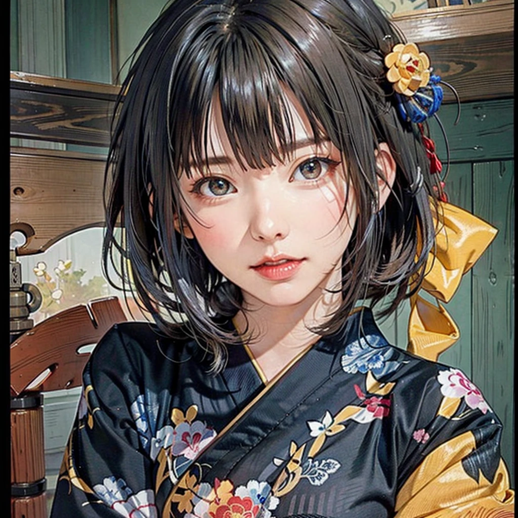 (highest quality、8k、32k、masterpiece)、(masterpiece, up to date,Exceptional:1.2), Anime, One girl,Front hair,black_hair, Beautiful 8k eyes,Looking_in_Audience,One person in,Are standing,((Very beautiful woman, Fuller lips, Japanese pintern kimono))、((Colorful Japanese kimono)))、(((Medium Shot)))、Blunt bung、(High resolution)、Very beautiful face and eyes、1 girl 、Round and small face、Narrow waist、delicine body、(highest quality high detail Rich skin details)、(highest quality、8k、Oil paints:1.2)、Very detailed、(Realistic、Realistic:1.37)、Bright colors、(((blackhair)))、(((longhair)))、(((cowboy pictures)))、((( Inside an old Japanese house)))、(masterpiece, highest quality, highest quality, Official Art, beautifully、aesthetic:1.2), (One girl), Very detailedな,(Fractal Art:1.3),colorful,Most detailed,Sengoku period(High resolution)、Very beautiful face and eyes、1 girl 、Round and small face、Tight waist、Delicine body、(highest quality high detail Rich skin details)、(highest quality、8k、Oil paints:1.2)、(Realistic、Realistic:1.37)、Greg Rutkowski Written by Alphonse Mucha Ropp, sun lips