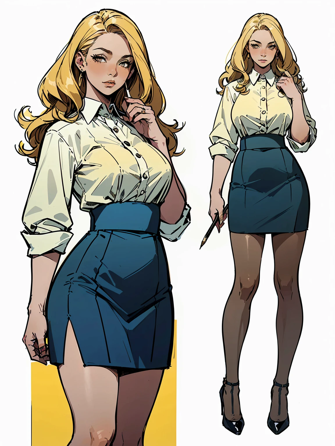 (score_9,score_8_up,score_7_up),solo,1girl, (((character design))), ((UHD, High details, masterpiece)), (one woman, tall young spanish woman), ((blonde wavy hair, and wearing a white shirt and pencil blue skirt, yellow heels)), (((simple background, white background)))