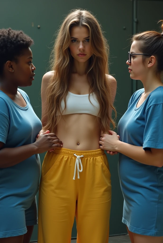 Create a photo of a 30 year old young woman, with long light brown hair with strands of hair on the face, slender and beautiful body, wearing yellow sweatpants and bare breasts, with white and clear skin, is facing the camera having his shirt pulled by two black teenagers, dark-skinned, obese, ugly, low, with short hair who is wearing a blue dress and glasses