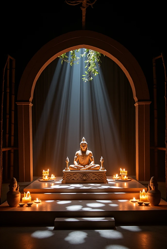 To implement the "magical light and shadow play" theme you can follow the following steps 1. Mandapam Environment:
- **Use a black curtain or cloth behind the stage**: This will help create shadows.
- **Lighting should be managed properly**: Lights should be placed in such a way that the shadow of the light falls on different parts of the mandap. You can use circular or triangular lighting, which will create shadow play 2. Light Type:
- **Candles and Lamps**: Use lots of candles and earthen lamps around the main mandap. This light will naturally produce soft and sweet shadows.
- **Small LED lights**: Place some small LED lights inside the mandap and around the idol. The light on these will be a little weak but will bring out the shadow play.
3. Creating Shadows:
- **Cut Foam or Cardboard**: You can use cut foam or cardboard to create the shape of the shadow. For example, the play of shadows can be enhanced by creating small symbols of gods and goddesses, leaves, or tree shapes.
- **Using Light Projector**: If possible, you can create special shadow effects with Light Projector. It can cast shadows on the wall or different parts of the mandap by projecting light.
5. Decoration of entrance and mandap:
- **Entrance soft lighting**: Place soft lighting in the entrance, which will bring visitors into the magical atmosphere.
- **Create long shadows**: Place long objects (such as bamboo or tree branches) around the pavilion, which will deepen the shadow effect.
This theme will help to create magical atmosphere in the pooja mandap, which will awaken spiritual feelings in the devotees.