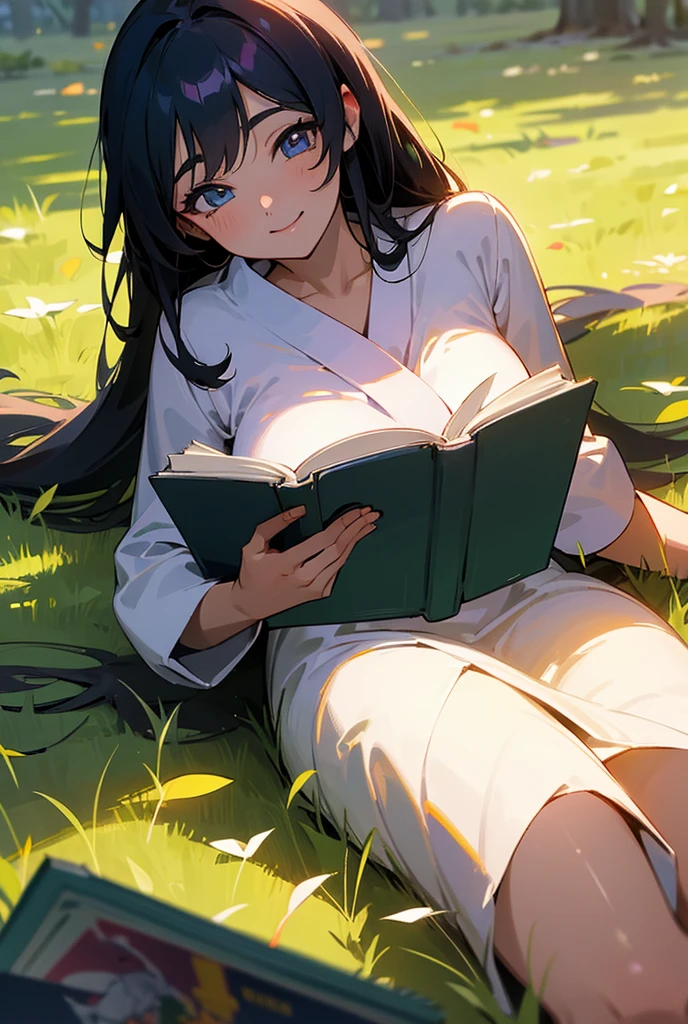 beautiful young, anime styling, Kizi, mulher de corpo inteiro, reading a book lying on the grass, detailled image, sunset, with a lot of shine, beautiful smiling