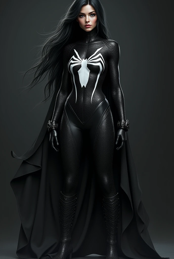 (((Black symbiote))),(((Spider-woman))),(((Una hermosa mujer de cabello negro largo bajo el manto de la aracnida Jessica Drew alias Spider-woman))),(((Black spider one-piece suit))),(((Giant white spider covering its chest and abdomen))),(((Long black boots up to her knees))),(((Black gloves lakes))),(((With Symbiote skin running all over his skin))),(((Black metal bracelets))),(((Simbionte Spiderman))),(((Piel de Black symbiote)))