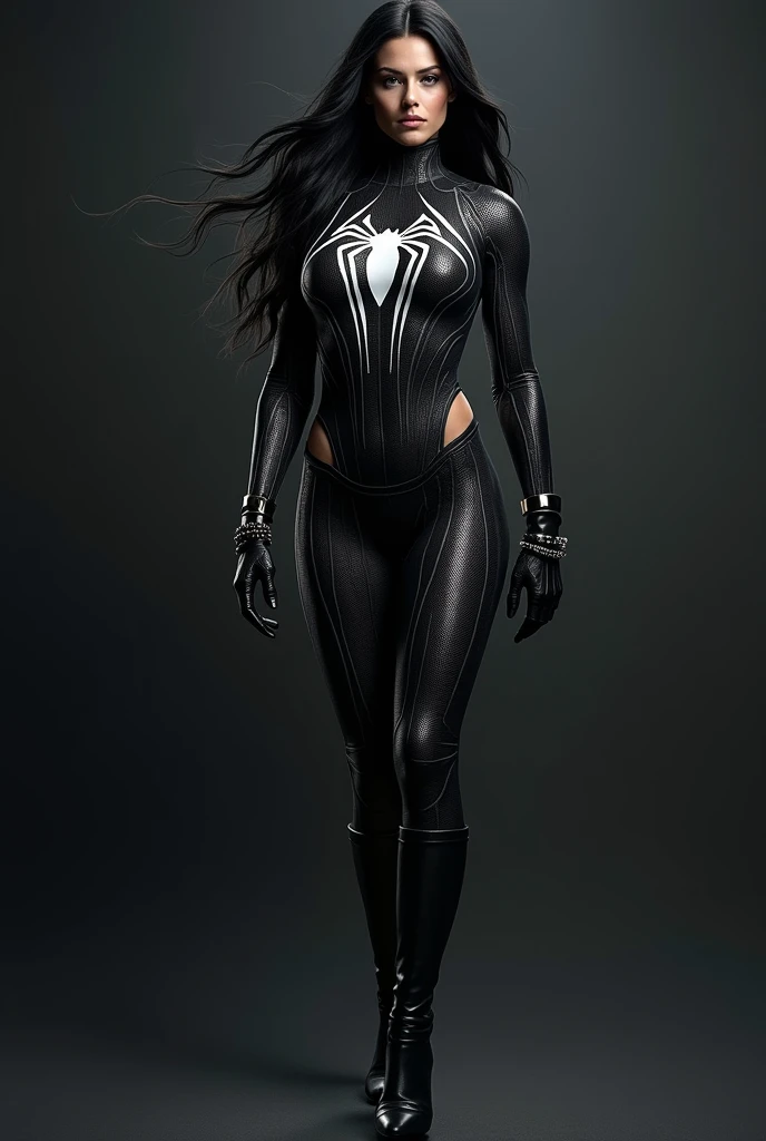 (((Black symbiote))),(((Spider-woman))),(((Una hermosa mujer de cabello negro largo bajo el manto de la aracnida Jessica Drew alias Spider-woman))),(((Black spider one-piece suit))),(((Giant white spider covering its chest and abdomen))),(((Long black boots up to her knees))),(((Black gloves lakes))),(((With Symbiote skin running all over his skin))),(((Black metal bracelets))),(((Simbionte Spiderman))),(((Piel de Black symbiote)))