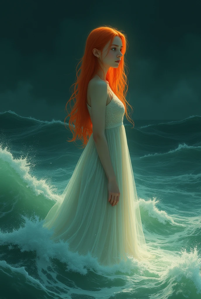 (masterpiece, best quality), ((A girl, solitary, Long hair)), Ishmael_edge, innocent expression, bare arm, Show your shoulders, Bare neck, watercolor, Sundress, liquid clothing, water, wave, water dress, green_theme, night, haze, dark, Be focused, ocean, Transparent dress, Orange Hair