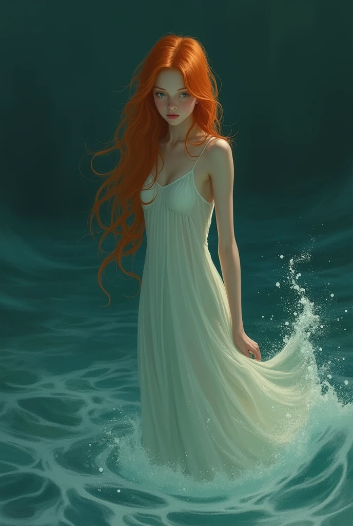 (masterpiece, best quality), ((A girl, solitary, Long hair)), Ishmael_edge, innocent expression, bare arm, Show your shoulders, Bare neck, watercolor, Sundress, liquid clothing, water, wave, water dress, green_theme, night, haze, dark, Be focused, ocean, Transparent dress, Orange Hair