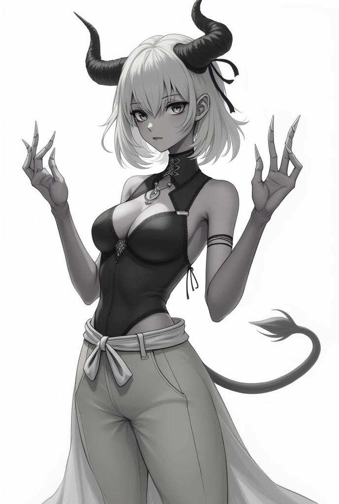 character, humanoid, female, horns all over the body, gray skin, ribbon on one of his shoulders, peaks in their hands, cotton pants with a ribbon at the waist, armor on your torso, Skinny body, anime, White background