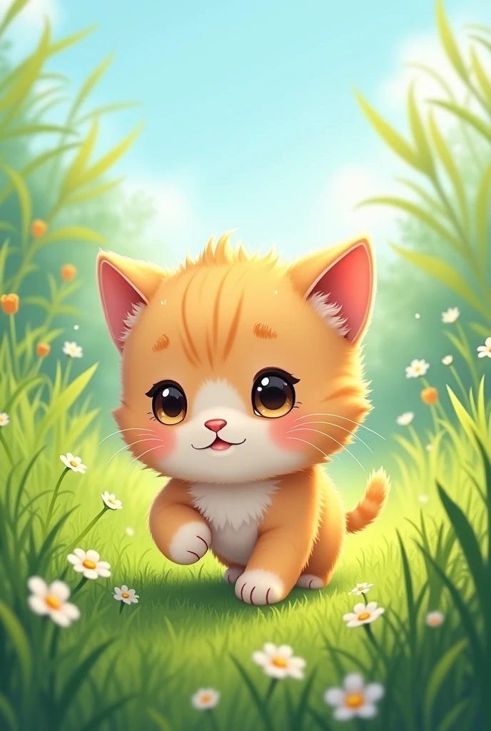 A cute kitten walking in the grass , animated style, chibi