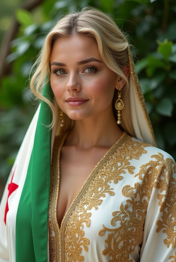 Close up, woman, plump, blonde, wearing, black Algerian caftan, decorated with gold threads, with scarf colored in the colors of the Algerian flag, half of the scarf is white and green, detailed, exquisite detail, masterpiece, green natural background, 