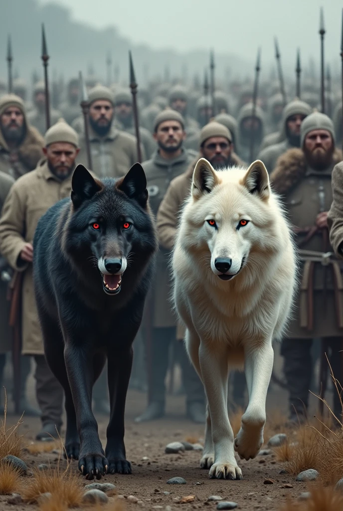 Army of gray and brown wolves, and immaculate soldier men, ancient soldiers. Together united, hundreds of thousands.
In front of you guiding them, two alphas, a dark Alpha wolf with red eyes and a white Alpha