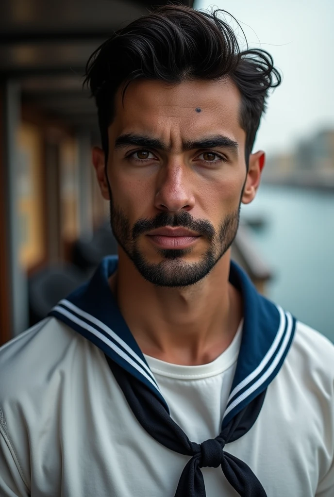 Black hair 1.80 cm tall, brown eyes, black hair,A man of medium weight, wearing a sailor's outfit, with a short beard and small black moles on his face.