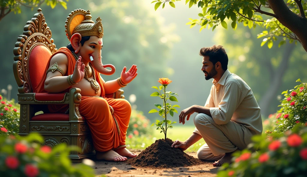 High quality ultra HD image of Lord Ganesha blessing with his front right hand to Indian man. Lord ganesha is seating on sinhasan. Indian Man is planting tree at garden