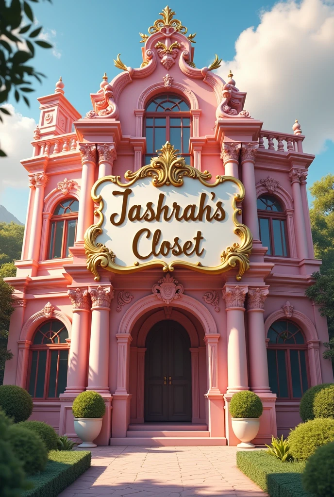 A big baby pink palace that has big *Jashrah's Closet* name on its big door. Make it look realistic