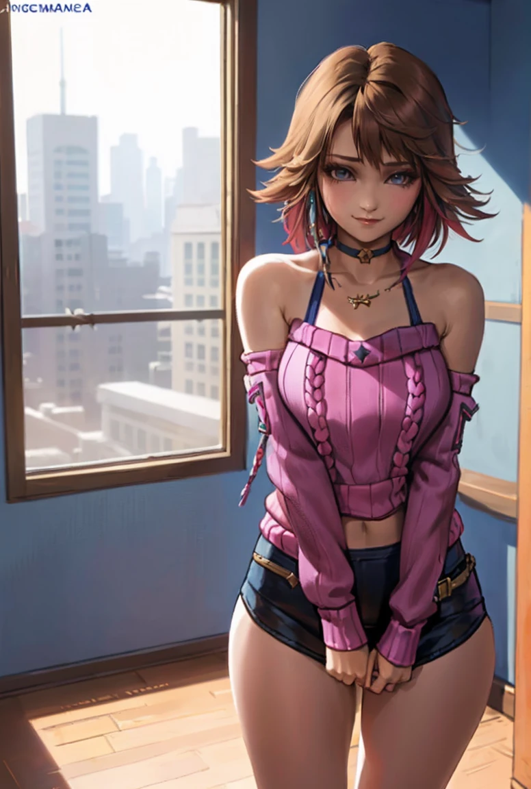 Yuna from Final Fantasy X, (((solo))),(((virgin destroyer sweater, choker, ecchi))), ((shy smile)), dynamic angle, in house,
